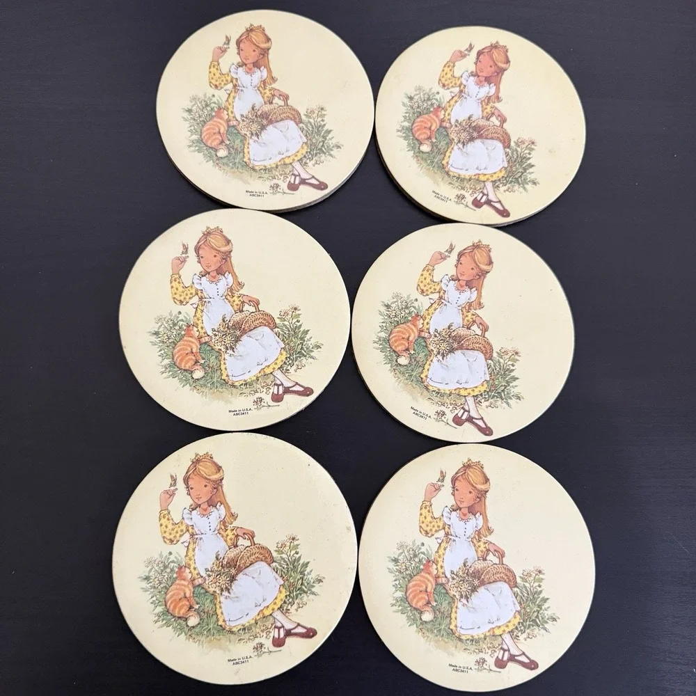 Vintage Holly Hobbie Coaster Set (6) 70s 80s Cork Bottom Kitten Cat Flowers USA